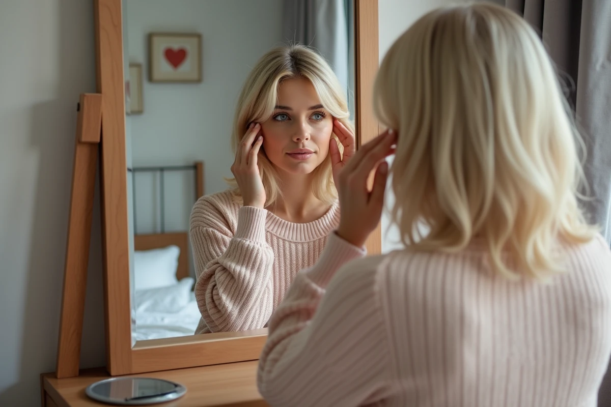 Femme ajustant une perruque synthétique dans son miroir