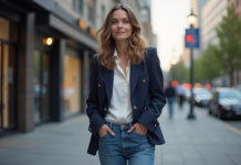 Veste femme : quelle choisir pour un look polyvalent ? Femme élégante en blazer navy dans une rue urbaine