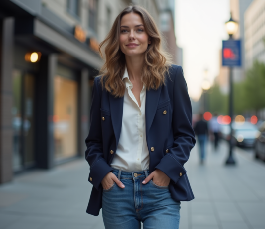 Veste femme : quelle choisir pour un look polyvalent ? Femme élégante en blazer navy dans une rue urbaine