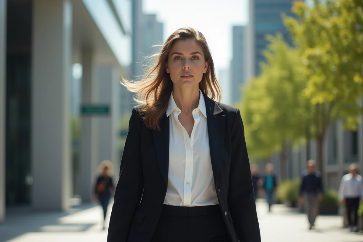 Femme en manteau noir marche dans la ville avec coupe mullet