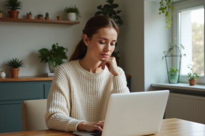 Femme au domicile consulte un site produit sur son ordinateur