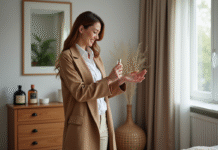 Conseils pour une tenue du parfum toute la journée : astuces pratiques et efficaces Femme élégante appliquant du parfum dans sa chambre