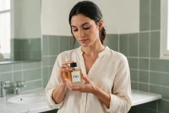 Femme tenant un flacon de parfum Zara dans une salle de bain minimaliste en marbre blanc, ambiance éditoriale épurée