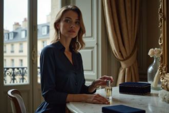 Femme parisienne élégante en blouse de soie navy