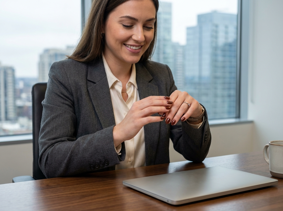 Jeune femme professionnelle inspectant ses ongles vernis