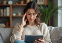 Femme en intérieur cosy lit un article sur les massages de tête