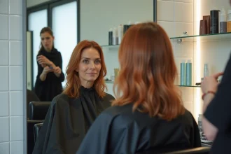 Femme aux cheveux avec reflets orangés dans un salon de coiffure professionnel, avant l'application d'une patine neutralisante
