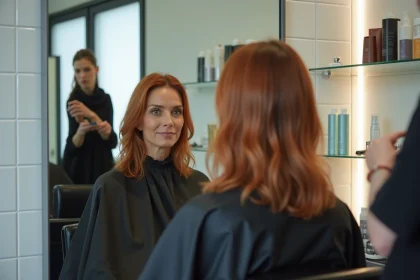 Femme aux cheveux avec reflets orangés dans un salon de coiffure professionnel, avant l'application d'une patine neutralisante