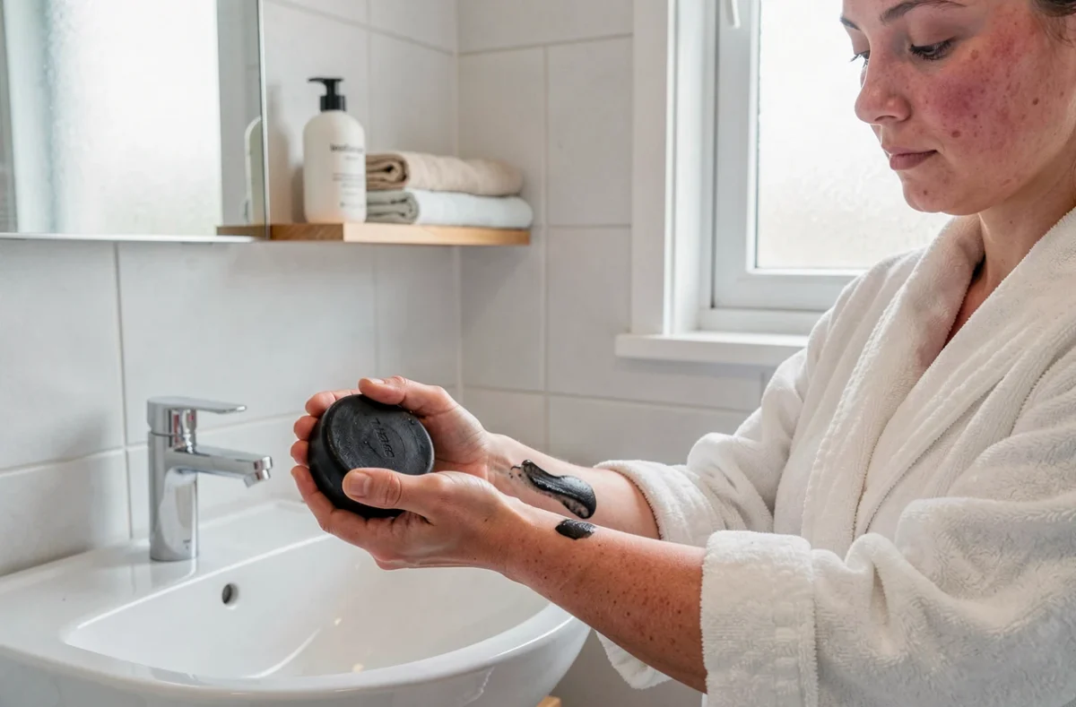 Femme appliquant du savon noir sur sa peau sensible dans une salle de bain naturelle et apaisante