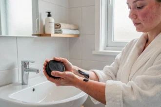 Femme appliquant du savon noir sur sa peau sensible dans une salle de bain naturelle et apaisante