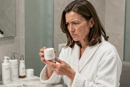 Femme d'une quarantaine d'années examinant avec scepticisme un produit de soin Nuvaskin dans sa salle de bain