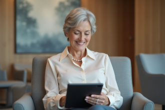 Femme senior élégante souriante dans un cabinet moderne