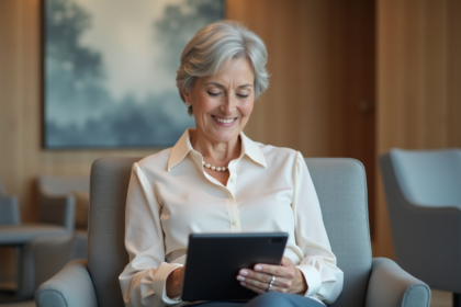 Femme senior élégante souriante dans un cabinet moderne