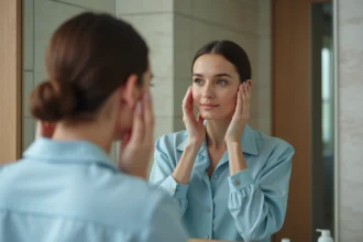 Femme appliquant un serum capillaire dans sa salle de bain