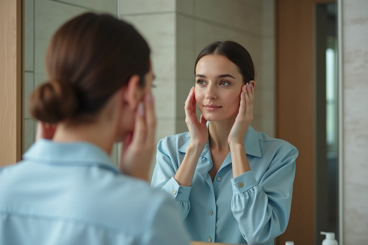 Femme appliquant un serum capillaire dans sa salle de bain