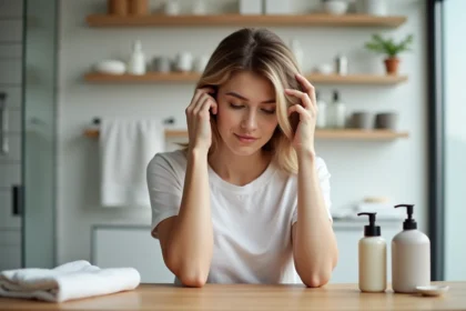 Jeune femme examine ses cheveux dans sa salle de bain lumineuse