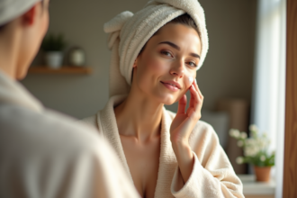 Femme appliquant une creme visage dans sa salle de bain