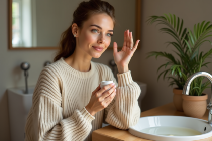 Femme appliquant une creme naturelle sur le visage