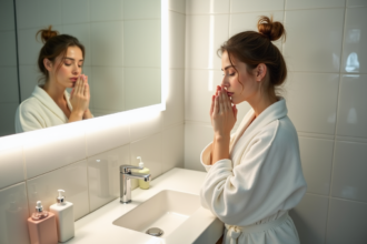 Femme en peignoir se nettoyant le visage dans la salle de bain
