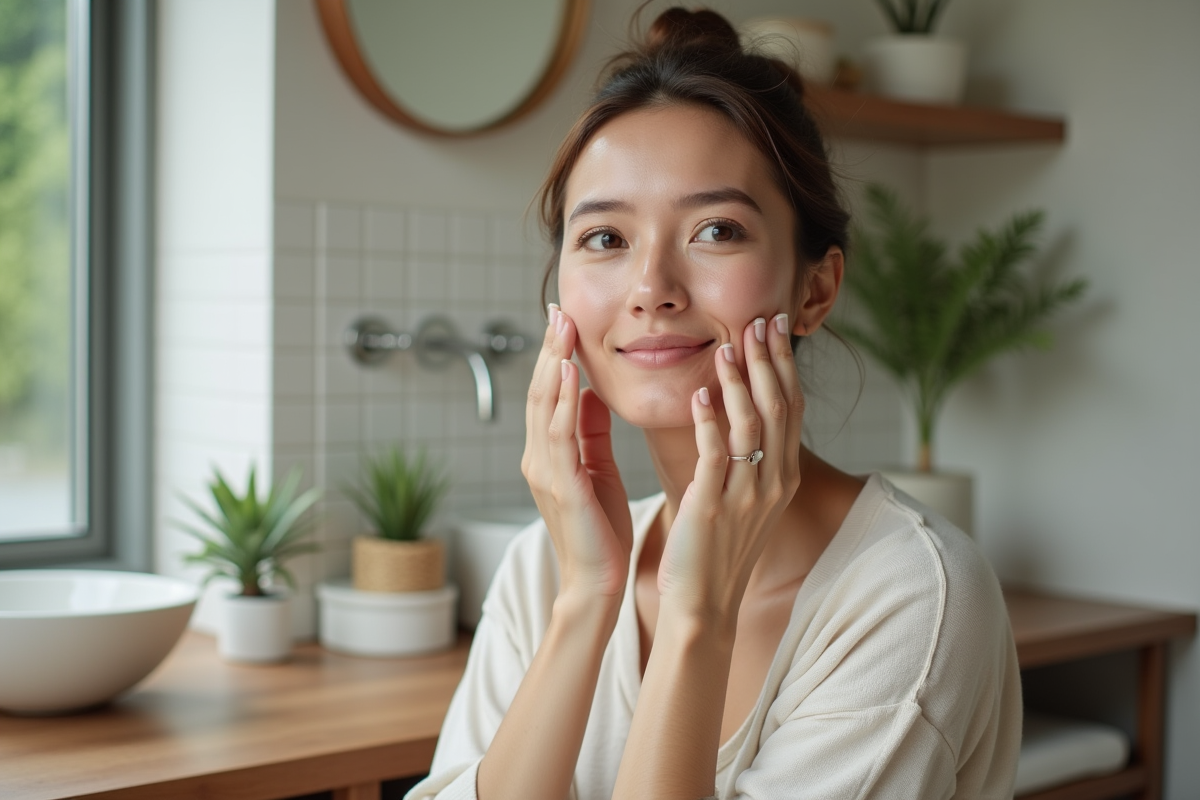 Femme appliquant crème visage naturelle en intérieur