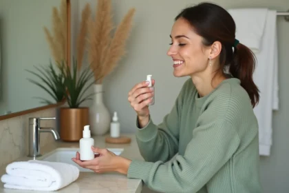 Femme souriante compare deux bouteilles de soins visage