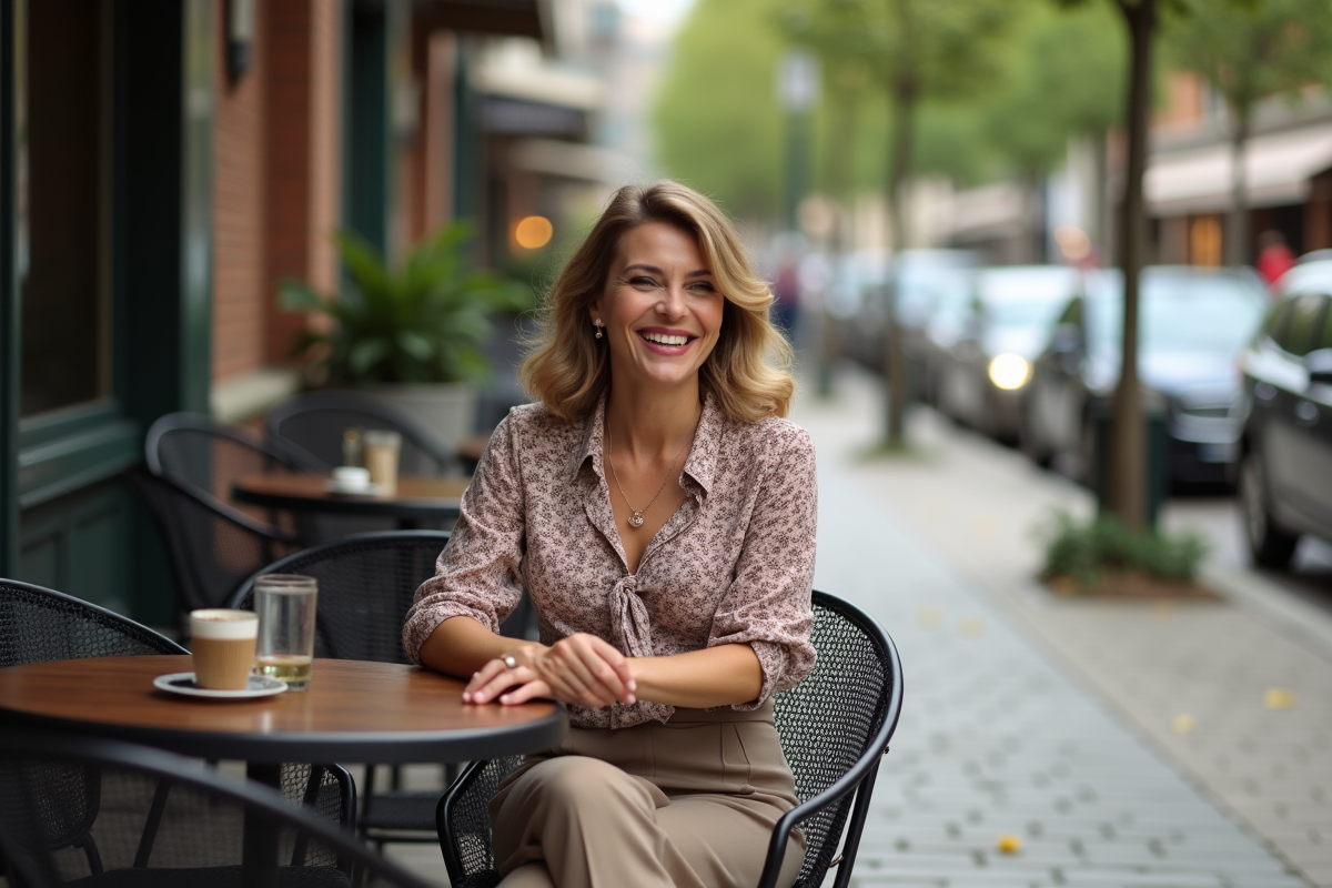 Femme souriante assise au cafe en terrasse en ville