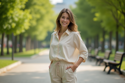 Femme souriante en blouse en lin beige dans un parc ensoleille