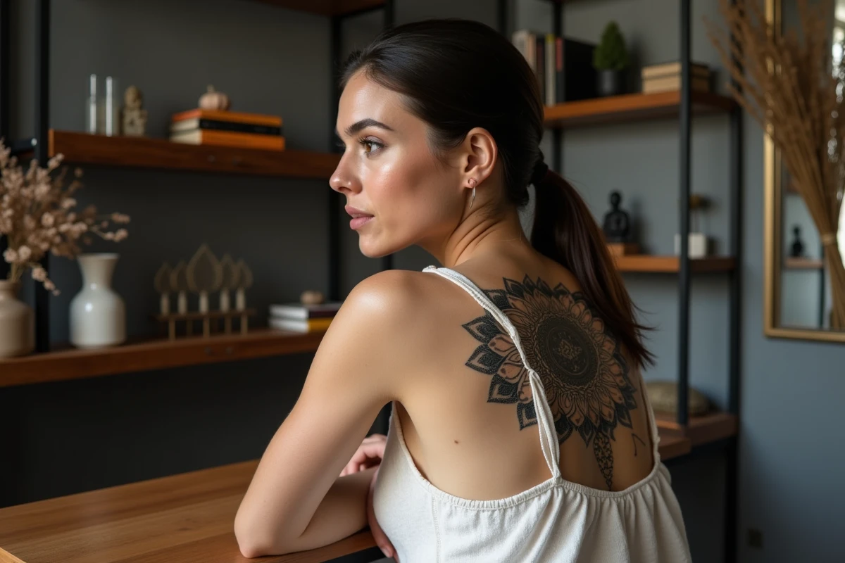 Femme française avec un tatouage bouddhiste mandala et lotus dans le dos, photographiée de dos dans un studio de tatouage parisien au style épuré et zen