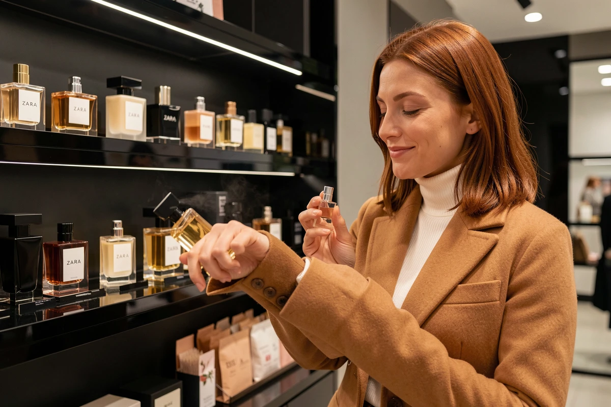 Femme testant un parfum Zara en boutique devant un présentoir de flacons, manteau camel et ambiance moderne