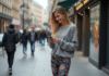 Femme souriante en leggings et pull dans la ville