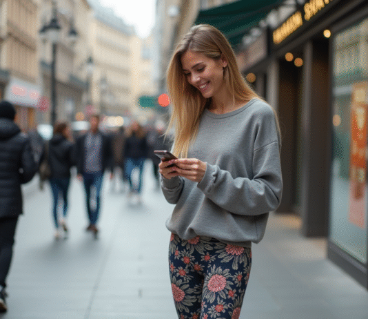 Leggings : tendance encore d’actualité ou dépassée ? Femme souriante en leggings et pull dans la ville