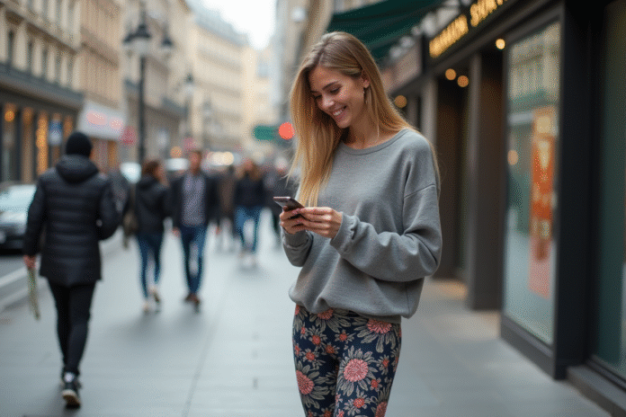 Femme souriante en leggings et pull dans la ville