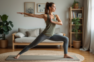 Femme en yoga Warrior II dans un salon calme et naturel