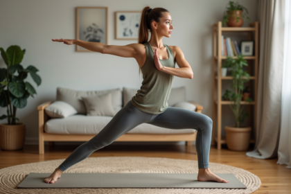 Femme en yoga Warrior II dans un salon calme et naturel