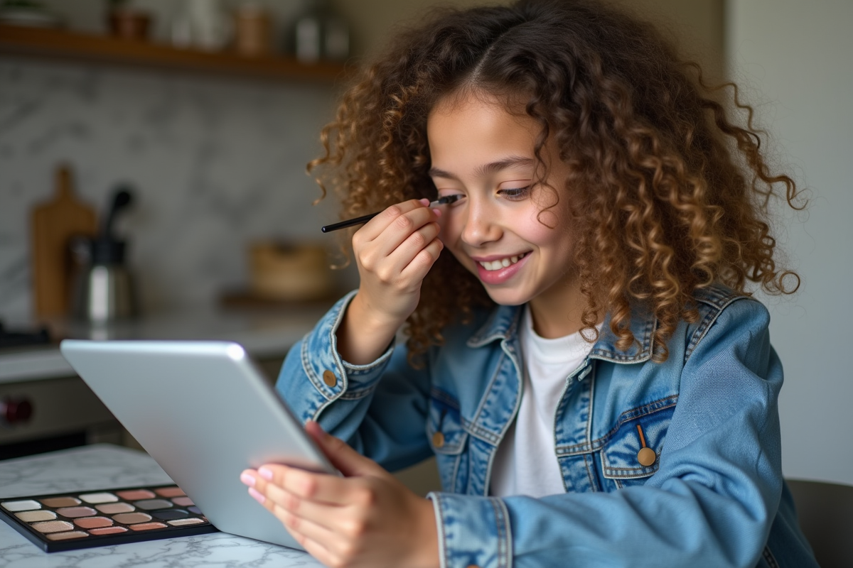 Adolescente appliquant du maquillage en regardant une video