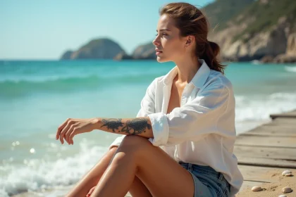 Jeune femme avec tatouage tortue sur le bras en bord de mer