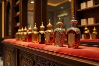 Flacons de parfum arabes ornés exposés dans une boutique Abdul Samad Al Qurashi à Riyad, décoration en laiton et arabesque