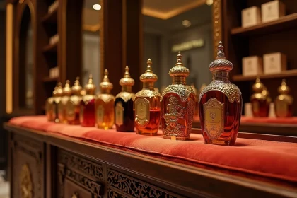 Flacons de parfum arabes ornés exposés dans une boutique Abdul Samad Al Qurashi à Riyad, décoration en laiton et arabesque