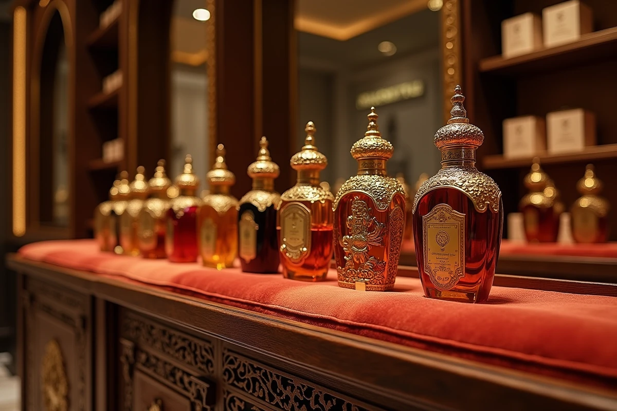 Flacons de parfum arabes ornés exposés dans une boutique Abdul Samad Al Qurashi à Riyad, décoration en laiton et arabesque