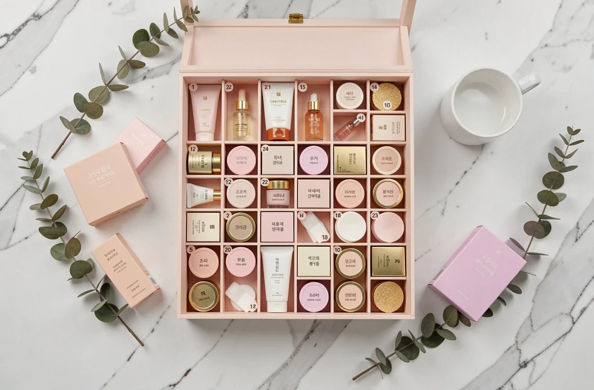 Flat lay d'un calendrier de l'avent Kbeauty ouvert sur marbre blanc avec des produits de beauté coréens miniatures numérotés