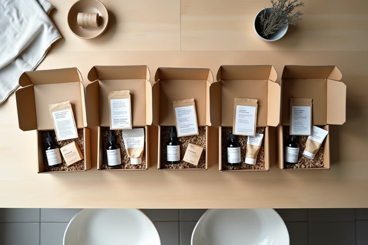 Vue aérienne de cinq box beauté bio ouvertes côte à côte sur une table en chêne clair pour un comparatif de produits cosmétiques naturels