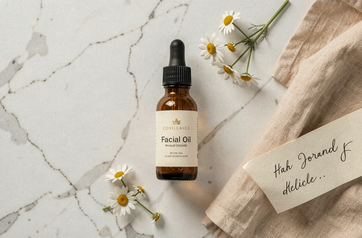 Flat lay minimaliste d'une huile visage hydratante en flacon compte-gouttes ambre pour peau sensible et rosacée