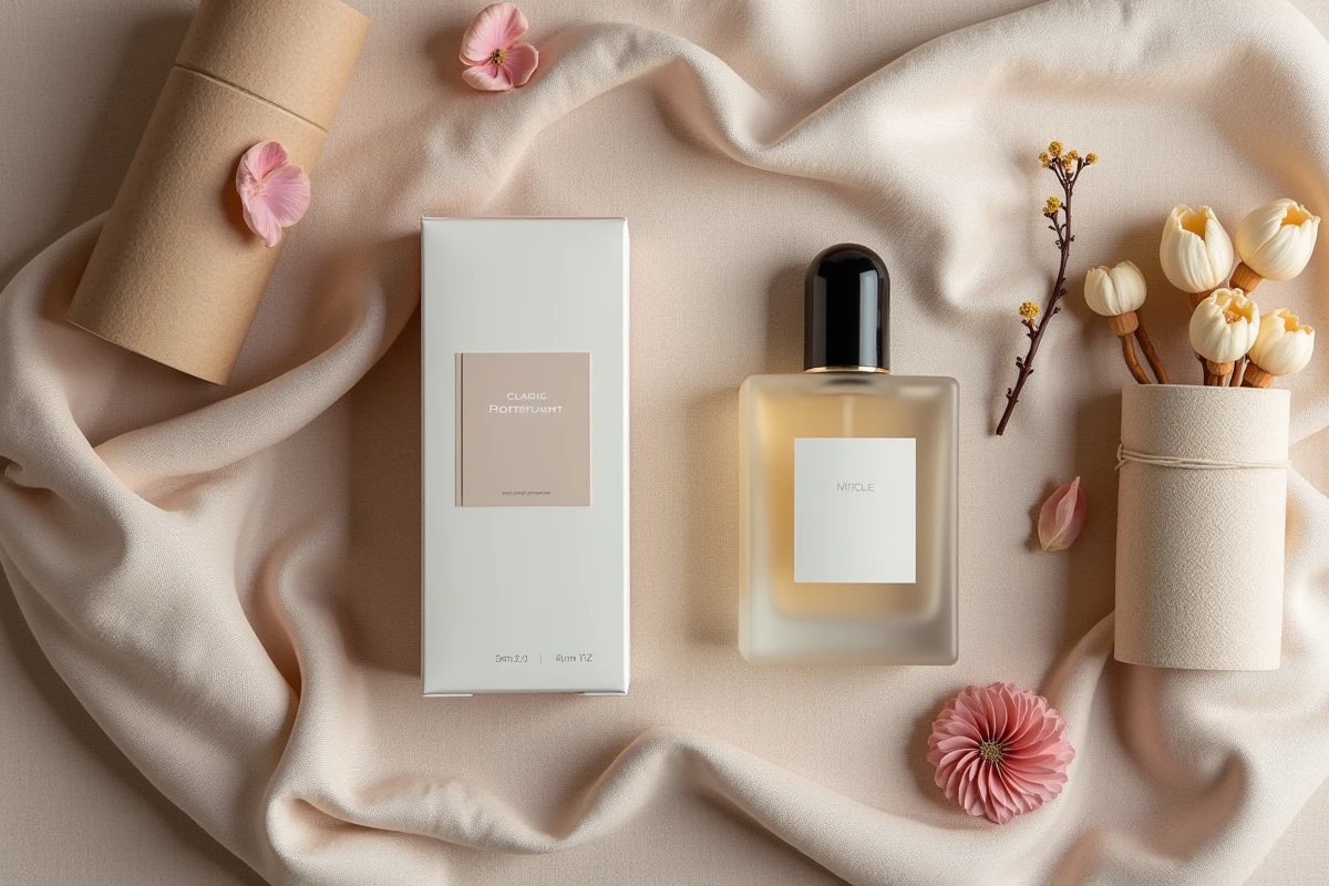 Comparaison en flat lay d'un parfum grande marque et d'un parfum de niche artisanal sur lin naturel avec botaniques séchés