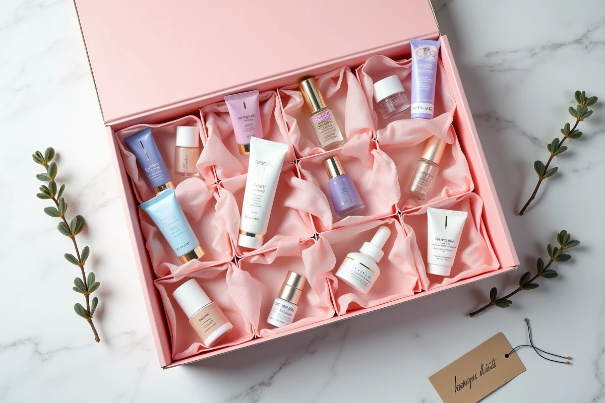 Vue de dessus du calendrier de l'Avent YesStyle ouvert avec des mini produits K-beauty sur marbre blanc