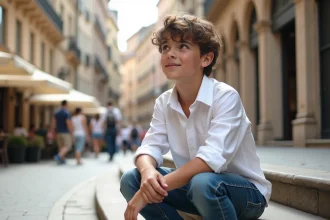 Jeune garçon méditerranéen assis sur des marches en ville