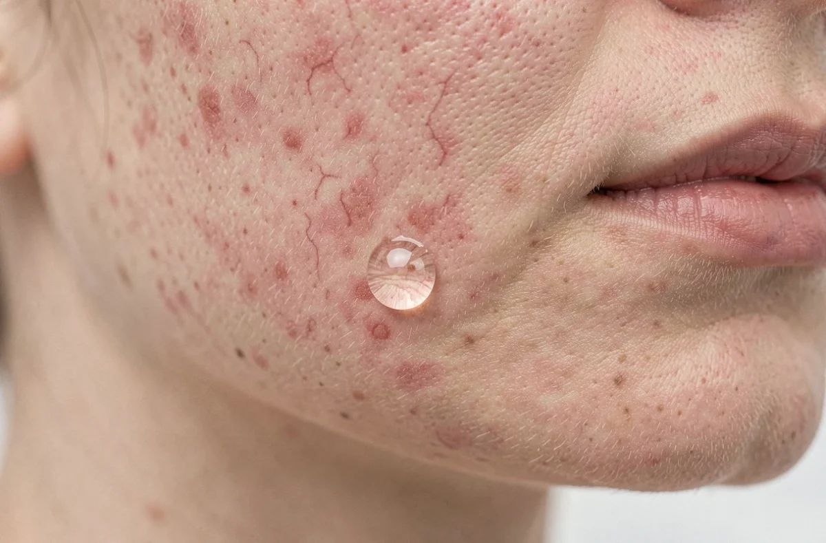 Gros plan de peau sensible avec rosacée et goutte d'huile visage hydratante sur la joue