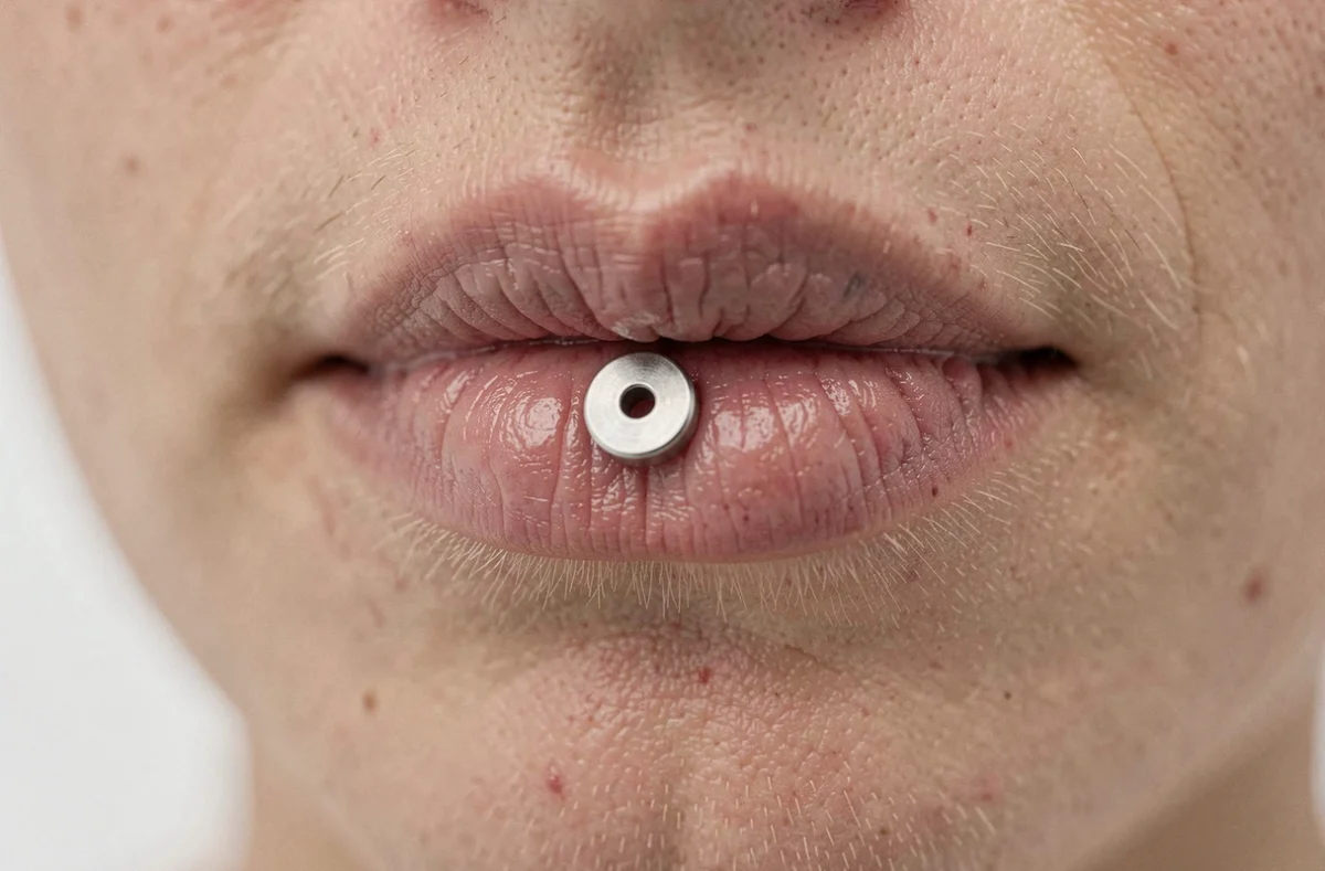 Gros plan sur un piercing labret décalé en cours de cicatrisation avec bijou titane et peau légèrement irritée
