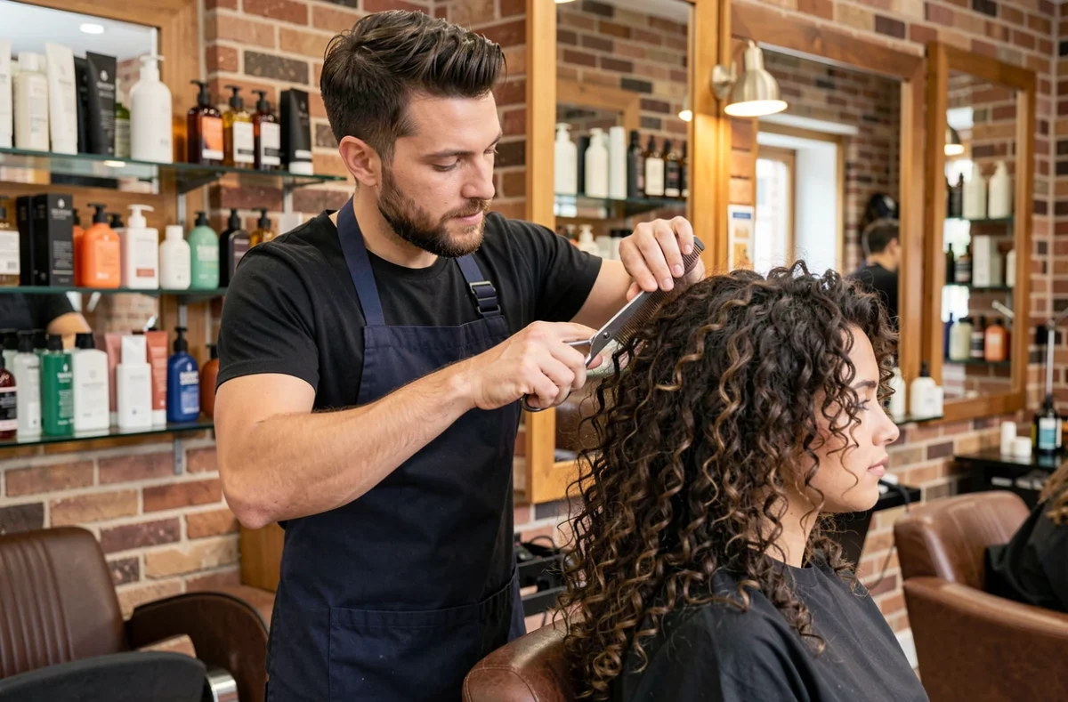 Coiffeur spécialiste travaillant sur les cheveux bouclés d'une cliente au salon Hair Coiffure à Marolles-en-Hurepoix