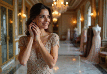 Femme élégante en robe de couture ajustée à Paris