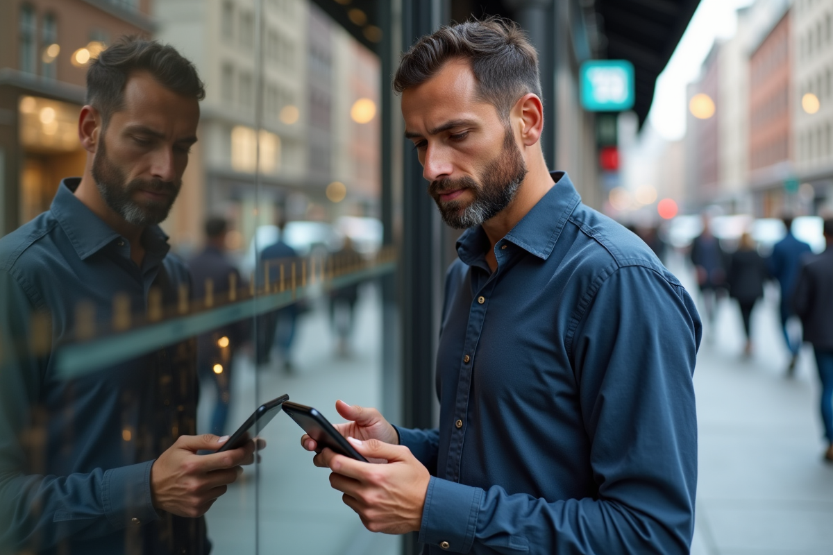Homme d age moyen regarde des avis clients en ville